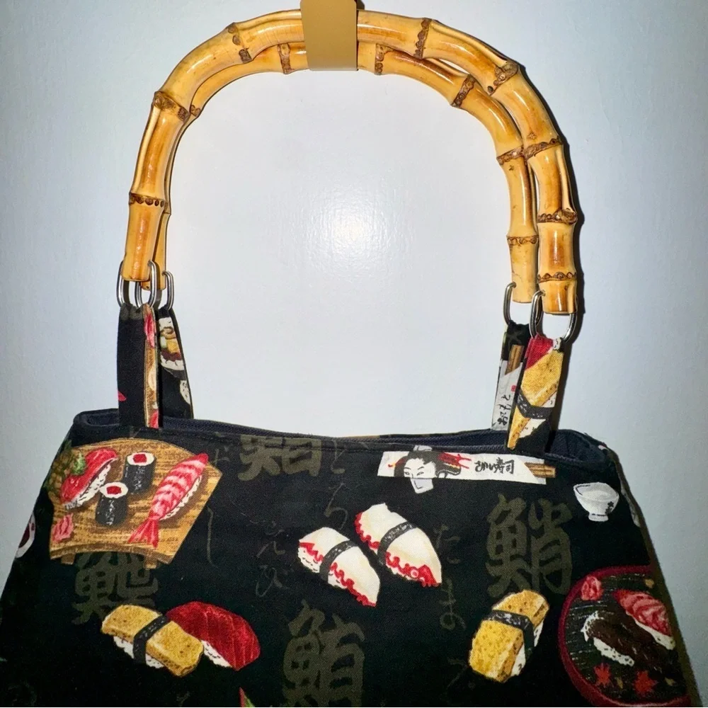 Vintage Sushi Print Handbag with Bamboo Handles